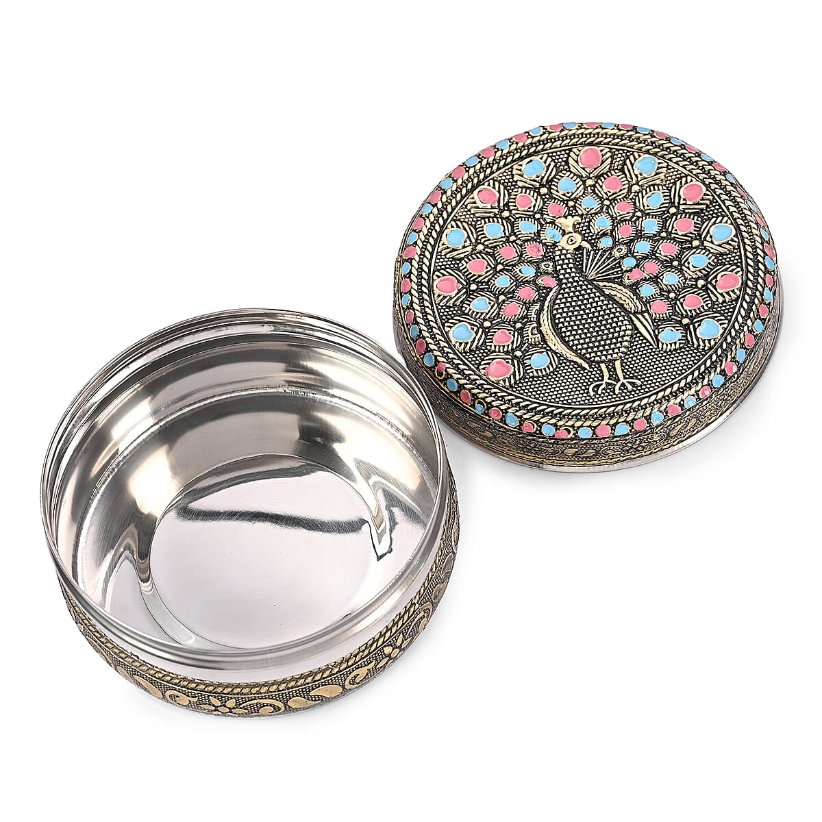 Handcrafted Set Of 3 Peacock Embossed Oxidized Storage Container image number 5