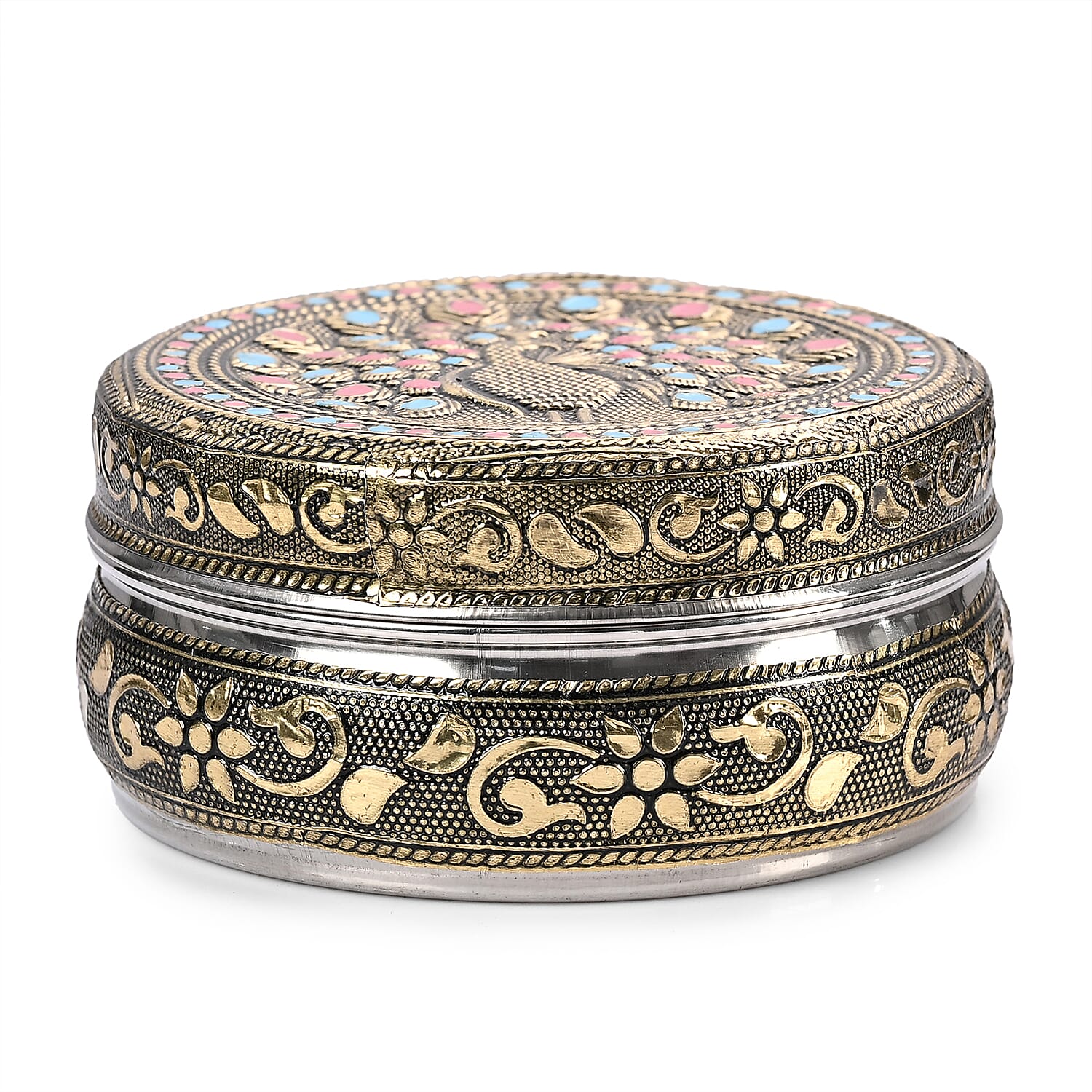 Handcrafted Set Of 3 Peacock Embossed Oxidized Storage Container