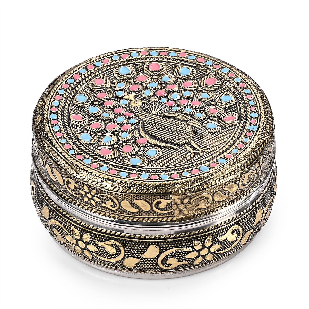 Handcrafted Set Of 3 Peacock Embossed Oxidized Storage Container image number 7