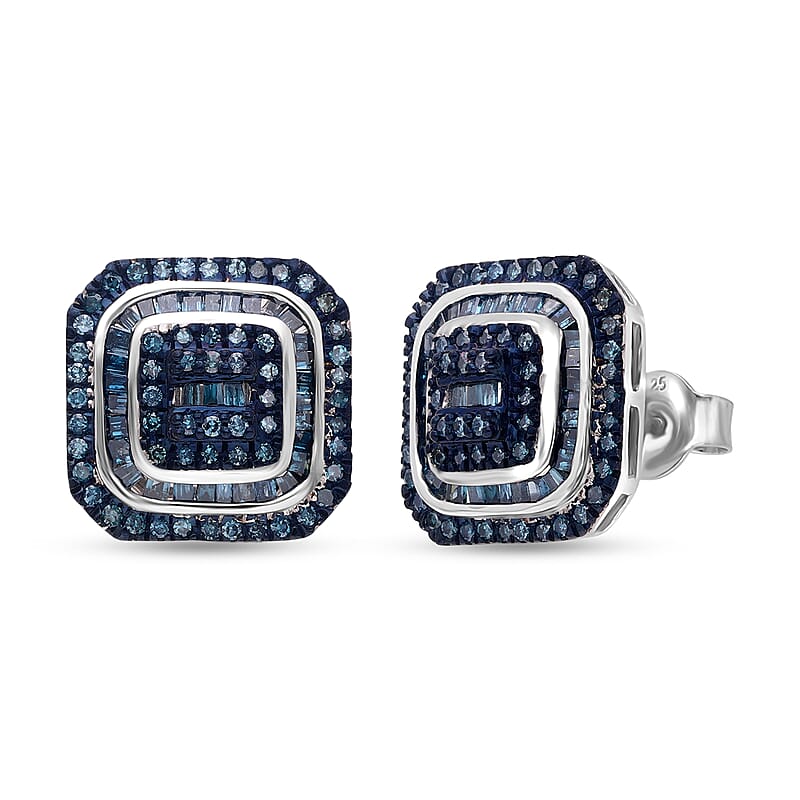 D'Joy Blue Diamond 1.00 ctw Mosaic Art Earrings in Rhodium Over Sterling Silver 