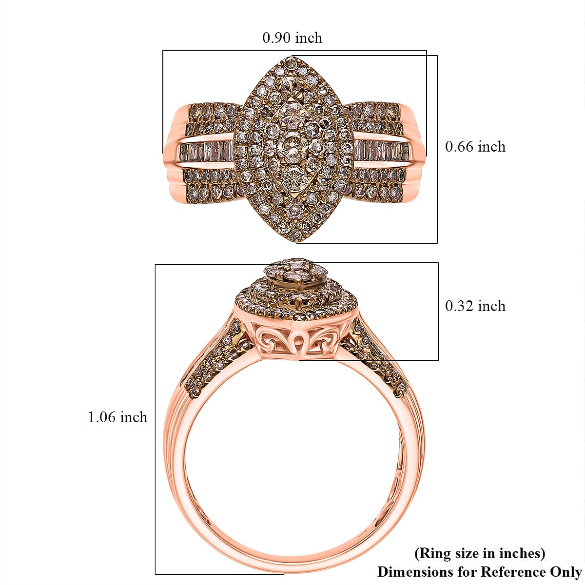 D'Joy Natural Champagne Diamond 1.00 ctw Marquise Silhouette Ring in 18K Vermeil Rose Gold Over Sterling Silver (Size 6.0)