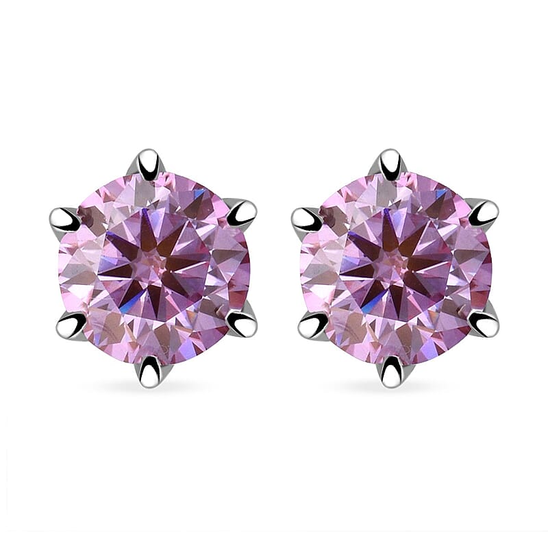 D'Joy Pink Moissanite 1.90 ctw Solitaire Stud Earrings in Rhodium Over Sterling Silver