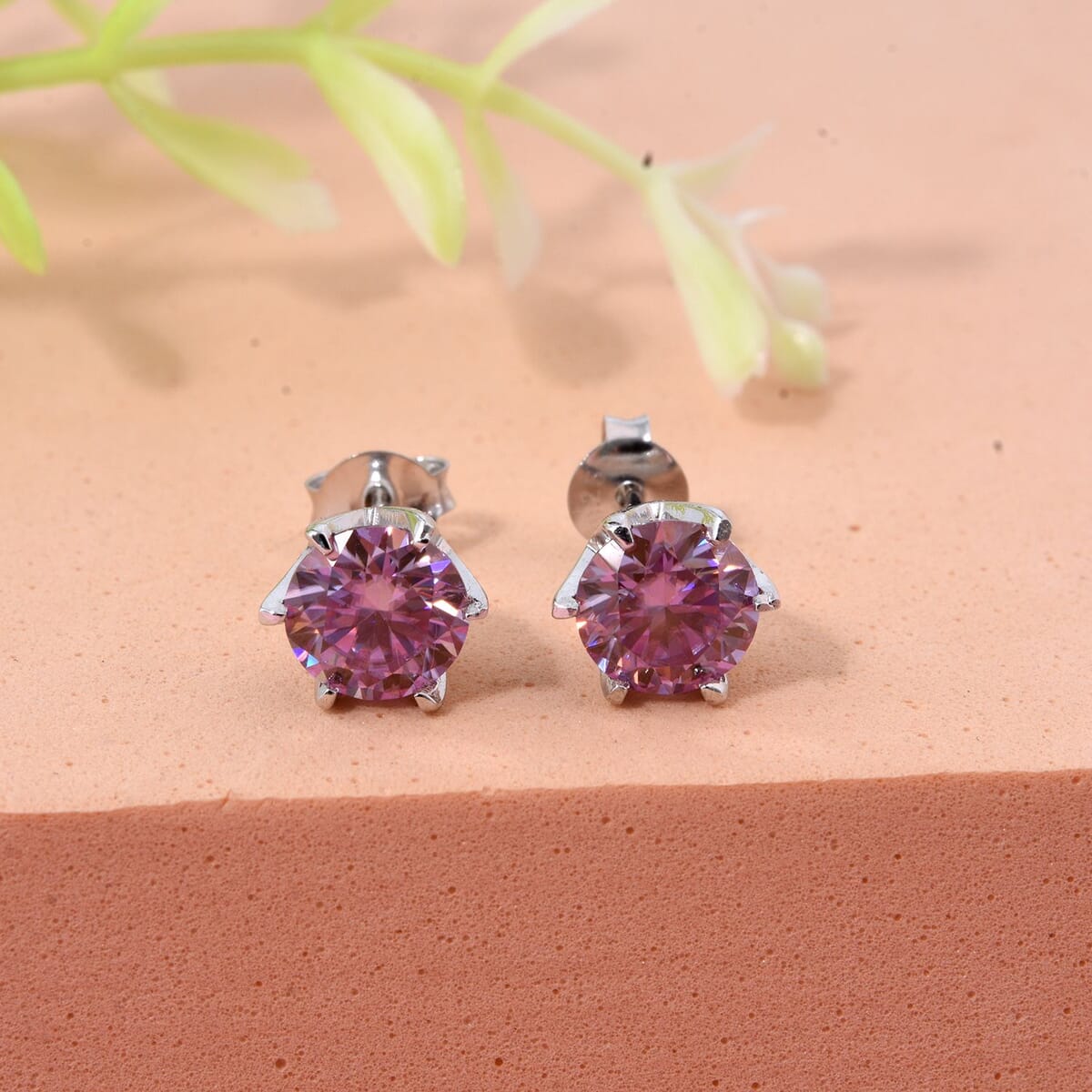 D'Joy Pink Moissanite 1.90 ctw Solitaire Stud Earrings in Rhodium Over Sterling Silver image number 1