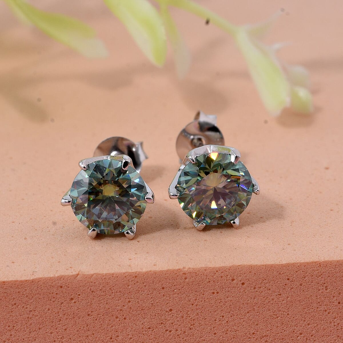 D'Joy Paraiba Moissanite 1.90 ctw Solitaire Stud Earrings in Rhodium Over Sterling Silver image number 1