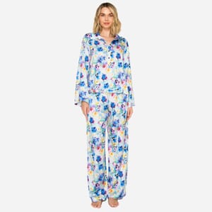 Badgley Mischka Blue Floral Satin Button up Pajama Set - L