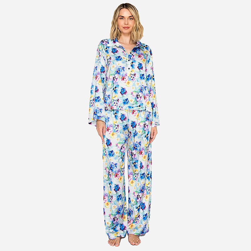 Badgley Mischka Blue Floral Satin Button up Pajama Set - L