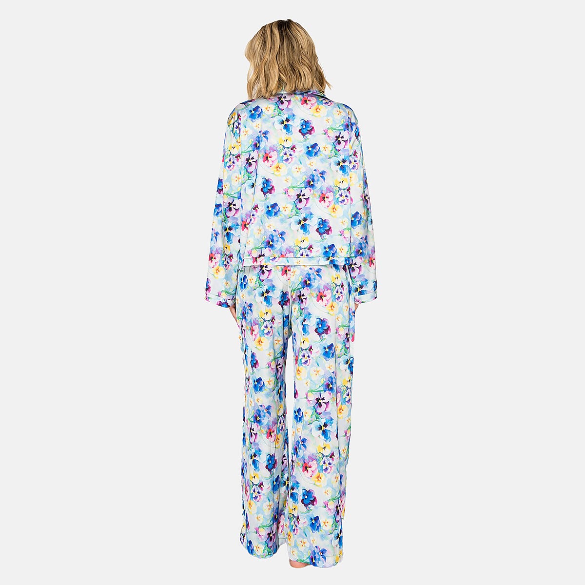 Badgley Mischka Blue Floral Satin Button up Pajama Set - M image number 1