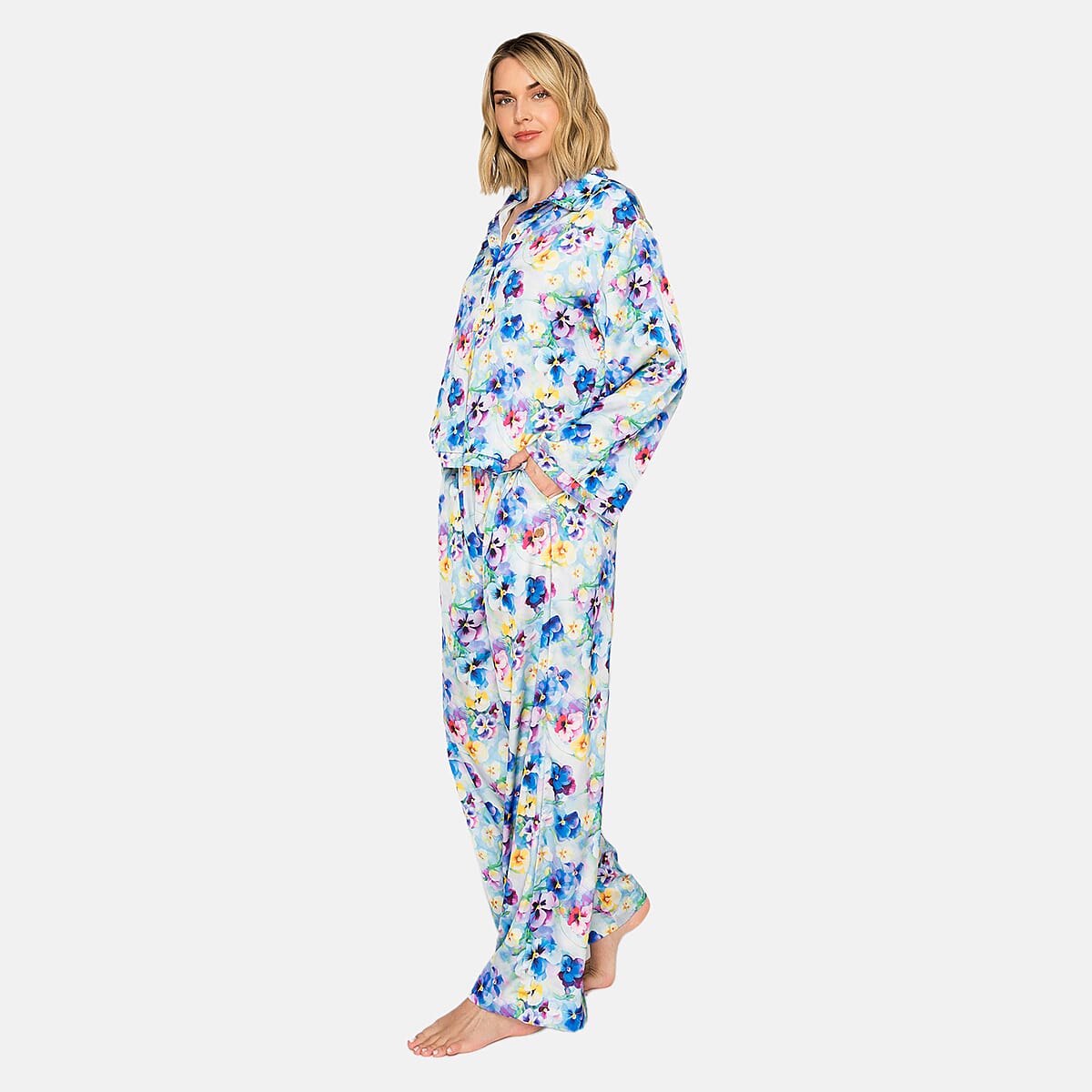 Badgley Mischka Blue Floral Satin Button up Pajama Set - M image number 2