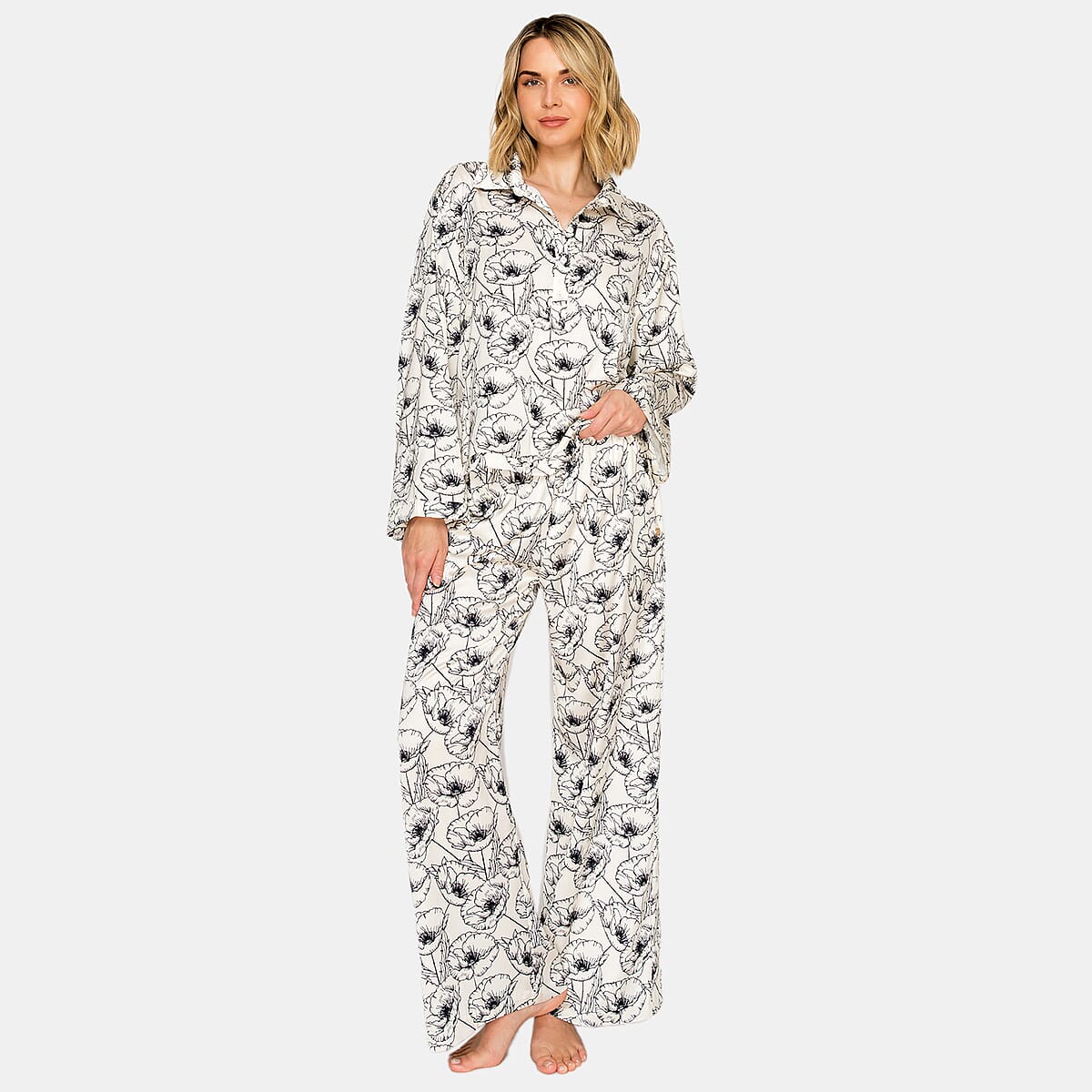 Badgley Mischka Black Poppy Satin Pajama Set - L image number 2