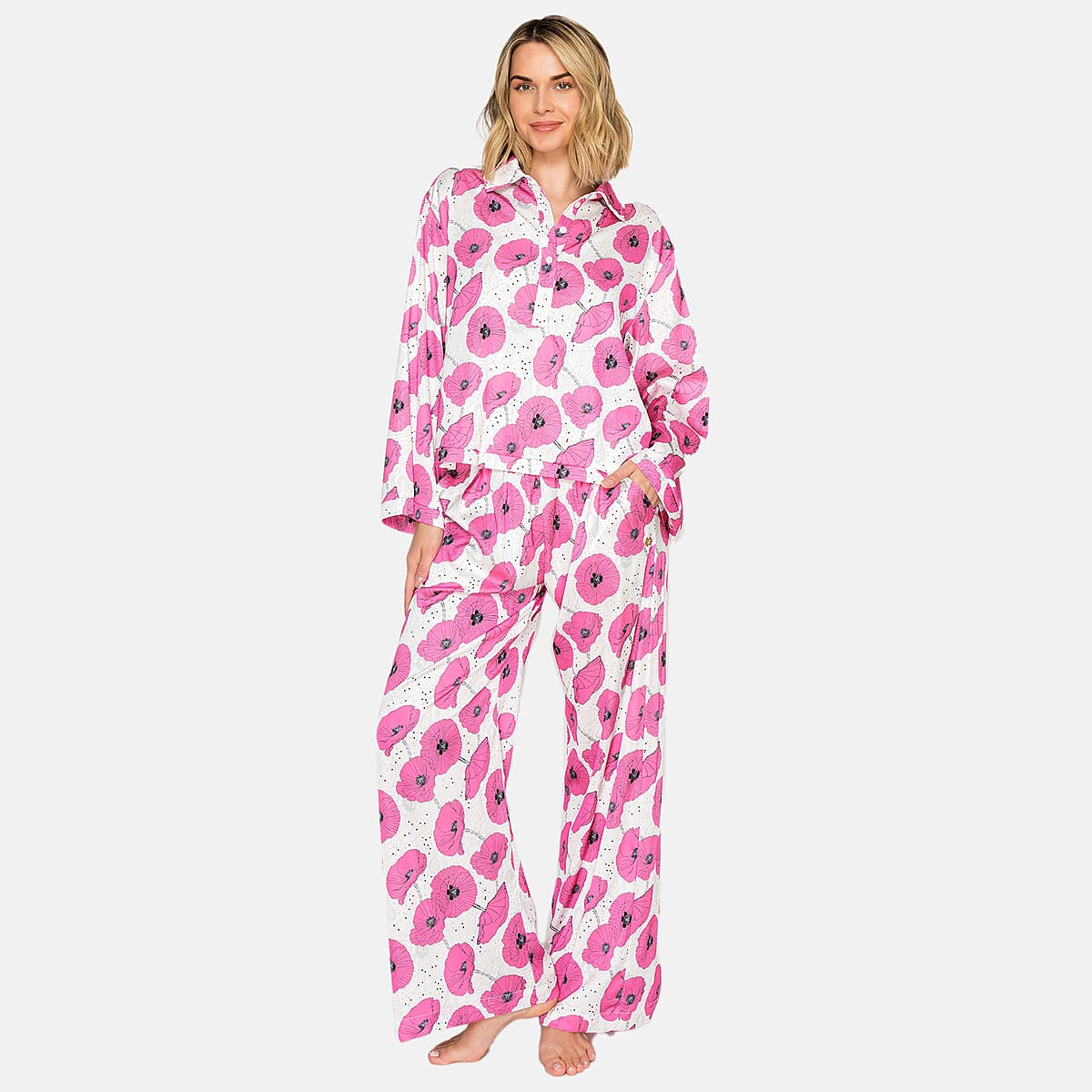 Badgley Mischka Pink Poppy Satin Pajama Set - L image number 0