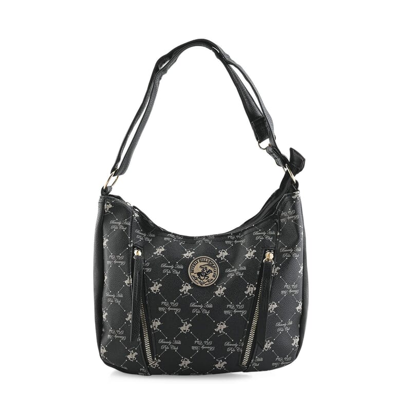 Beverly Hills Polo Club Black Logo Pattern Vegan Leather Shoulder Bag
