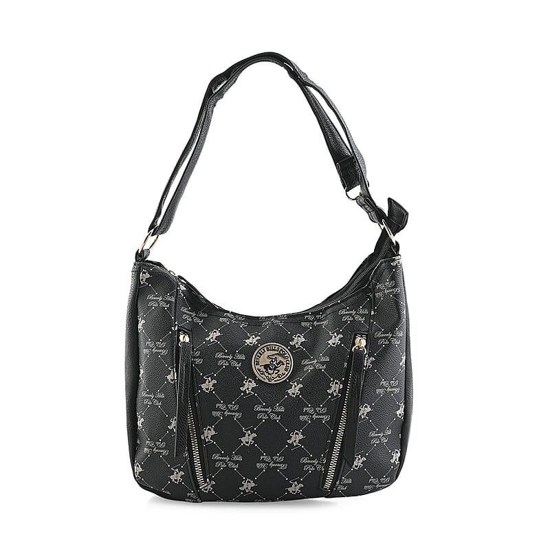 Beverly Hills Polo Club Black Logo Pattern Vegan Leather Shoulder Bag