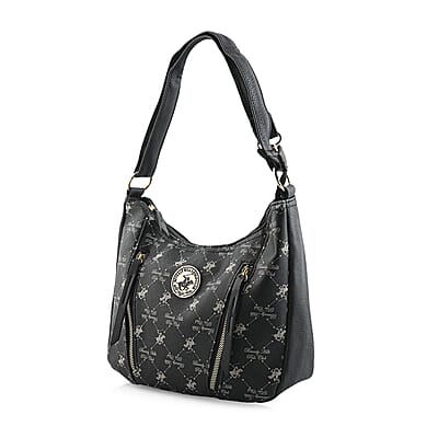 Beverly Hills Polo Club Black Logo Pattern Vegan Leather Shoulder Bag