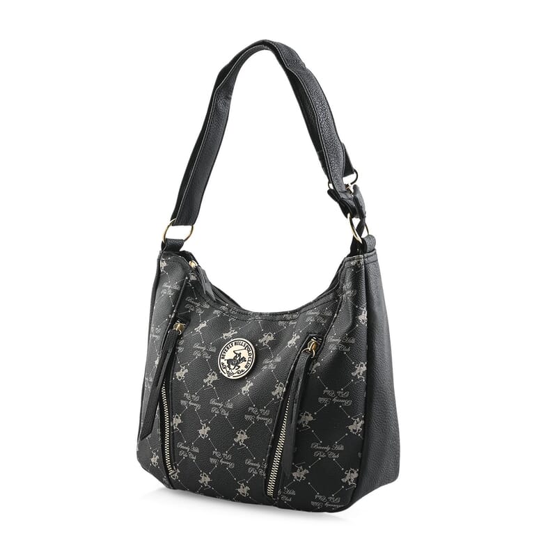 Beverly Hills Polo Club Black Logo Pattern Vegan Leather Shoulder Bag