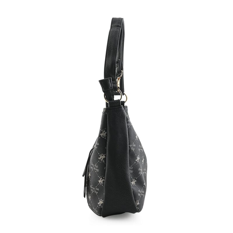Beverly Hills Polo Club Black Logo Pattern Vegan Leather Shoulder Bag