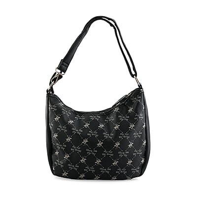 Beverly Hills Polo Club Black Logo Pattern Vegan Leather Shoulder Bag