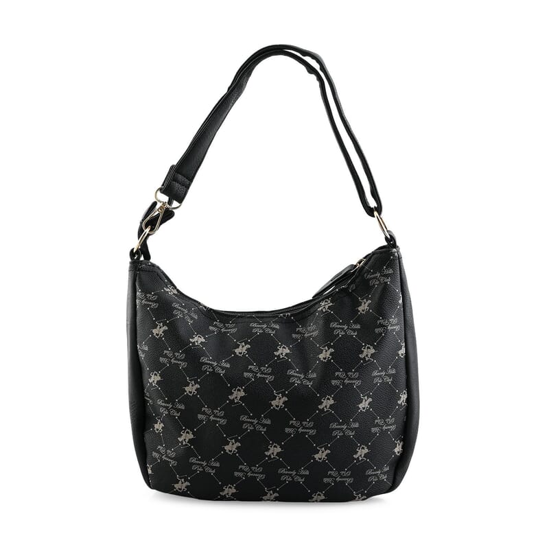 Beverly Hills Polo Club Black Logo Pattern Vegan Leather Shoulder Bag