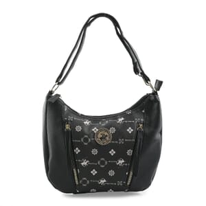 Beverly Hills Polo Club Black Logo Pattern & Solid Vegan Leather Shoulder Bag