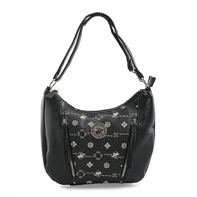 Beverly Hills Polo Club Black Logo Pattern & Solid Vegan Leather Shoulder Bag