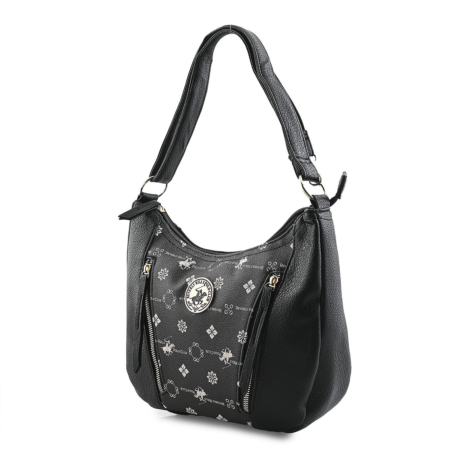 Beverly Hills Polo Club Black Logo Pattern & Solid Vegan Leather Shoulder Bag