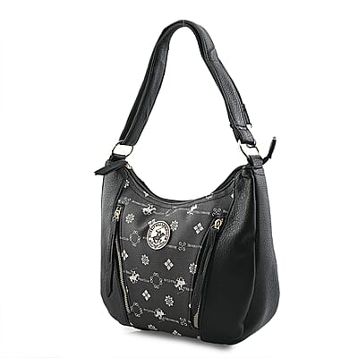 Beverly Hills Polo Club Black Logo Pattern & Solid Vegan Leather Shoulder Bag