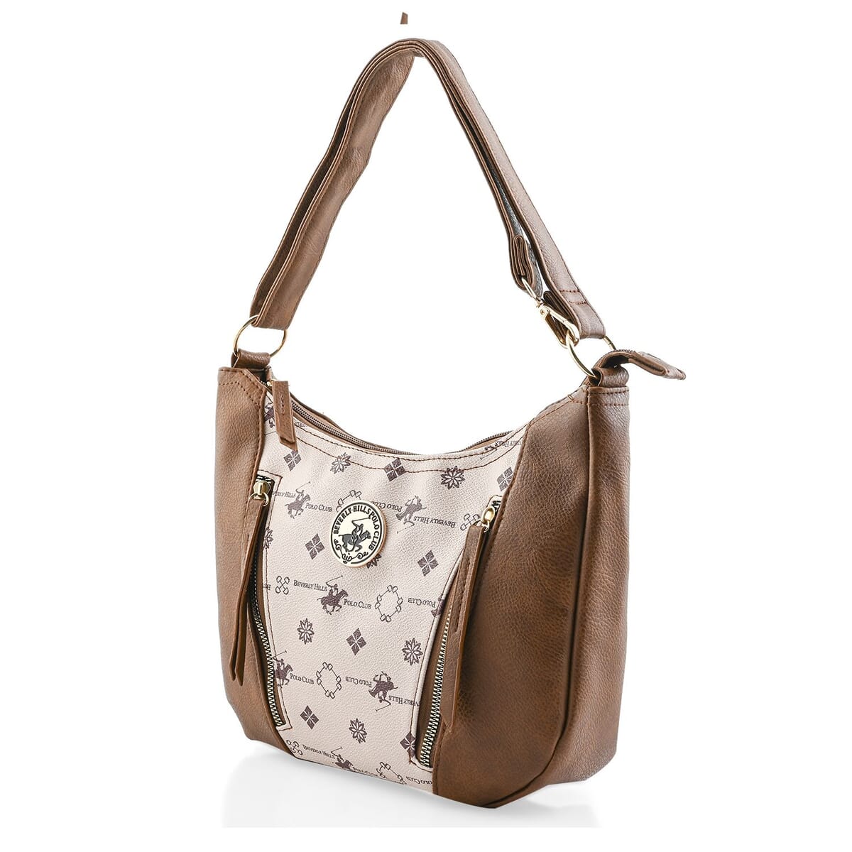 Beverly Hills Polo Club Brown Logo Pattern & Solid Vegan Leather Shoulder Bag image number 1