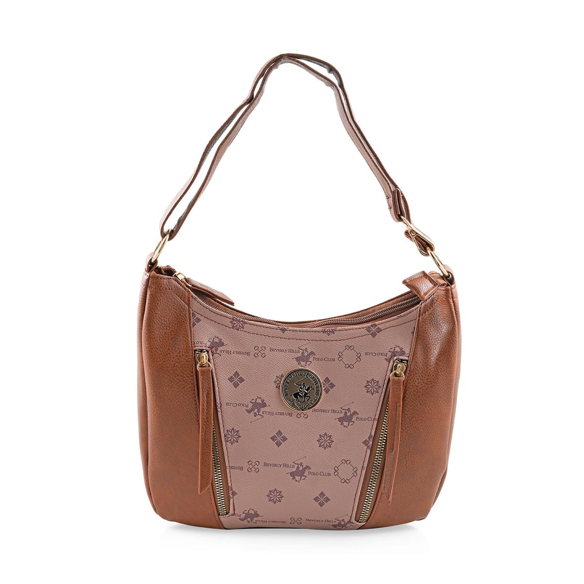 Beverly Hills Polo Club Taupe Logo Pattern & Solid Vegan Leather Shoulder Bag image number 0