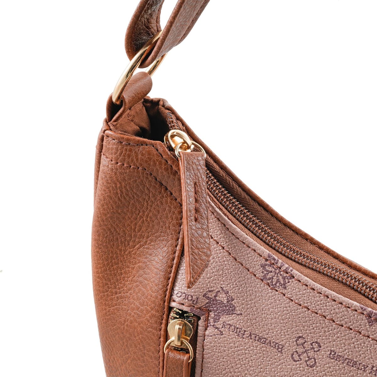 Beverly Hills Polo Club Taupe Logo Pattern & Solid Vegan Leather Shoulder Bag image number 4
