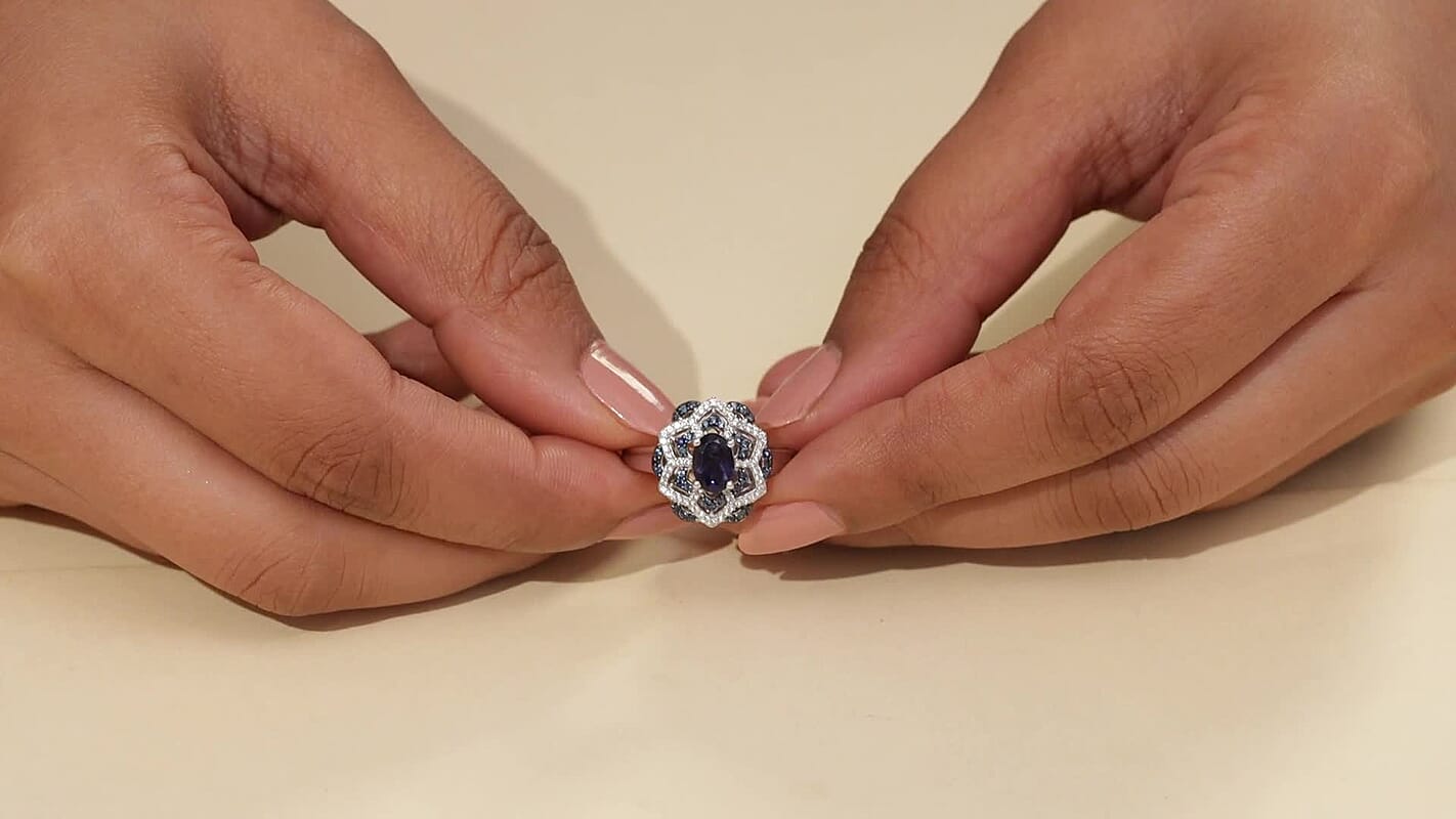 D'Joy Catalina Iolite, Multi Gemstone Starblossom Ring in Rhodium Over Sterling Silver (Size 10.0) (Del. in 10-12 Days) 1.25 ctw