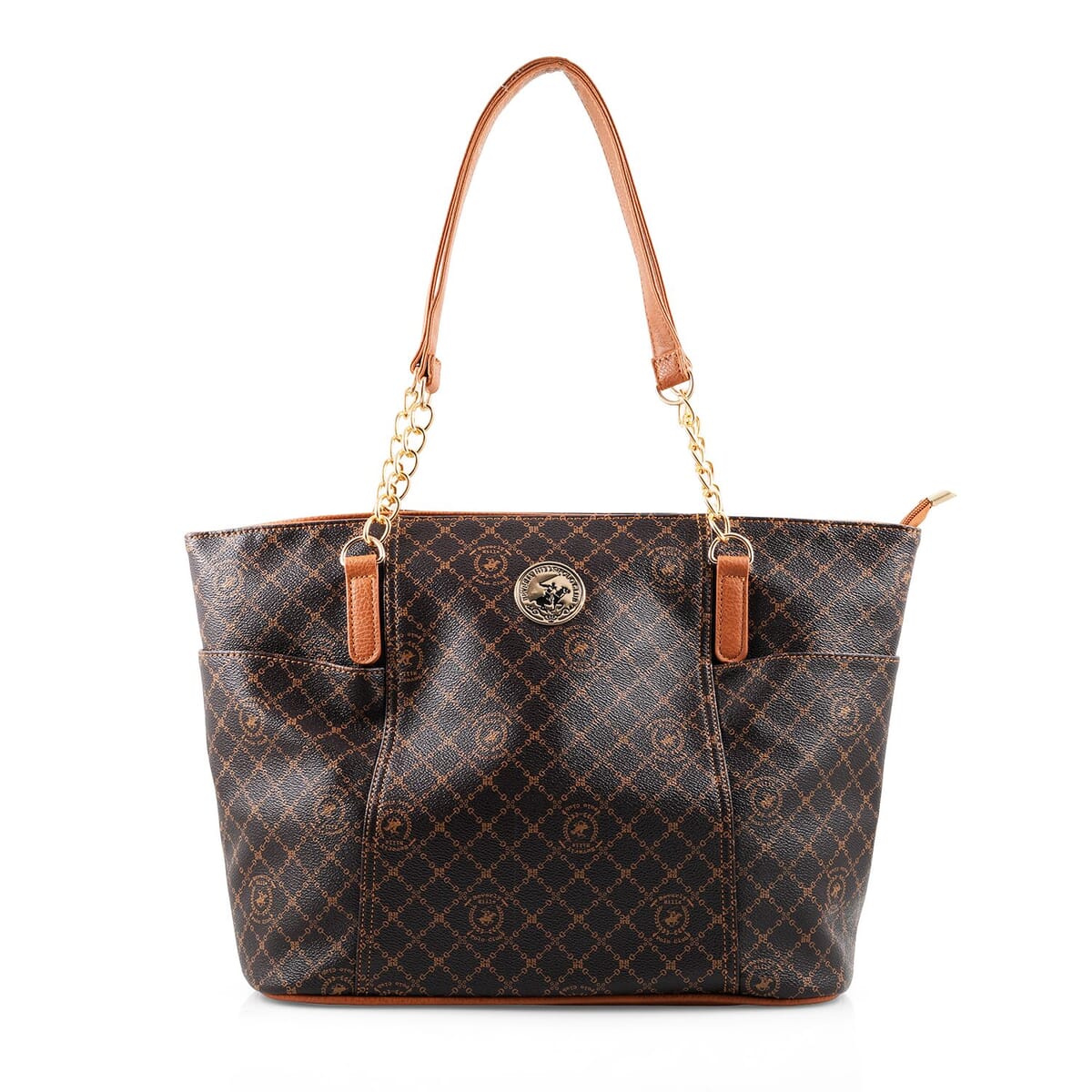 Beverly Hills Polo Club Brown Logo & Link Pattern Vegan Leather Shoulder Bag image number 0