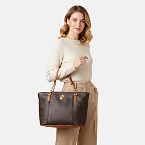 Beverly Hills Polo Club Brown Logo & Link Pattern Vegan Leather Shoulder Bag
