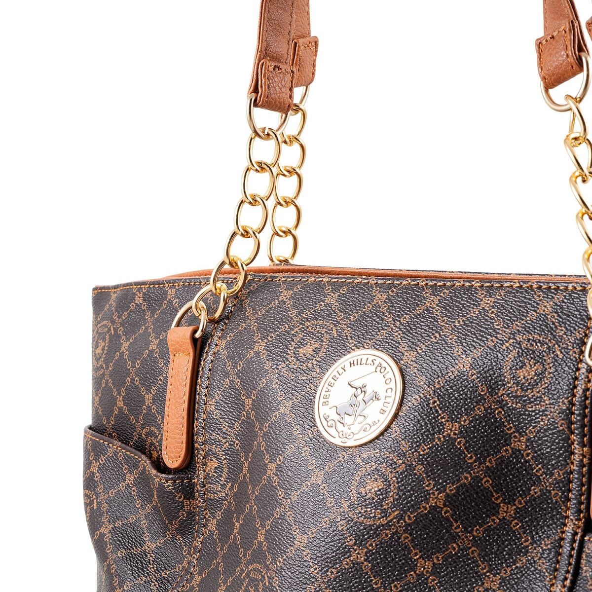 Beverly Hills Polo Club Brown Logo & Link Pattern Vegan Leather Shoulder Bag image number 3