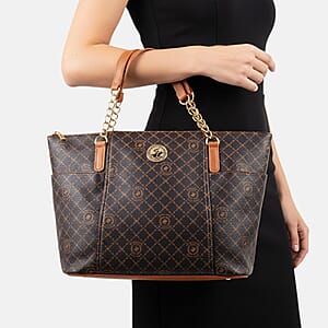 Beverly Hills Polo Club Brown Logo & Link Pattern Vegan Leather Shoulder Bag