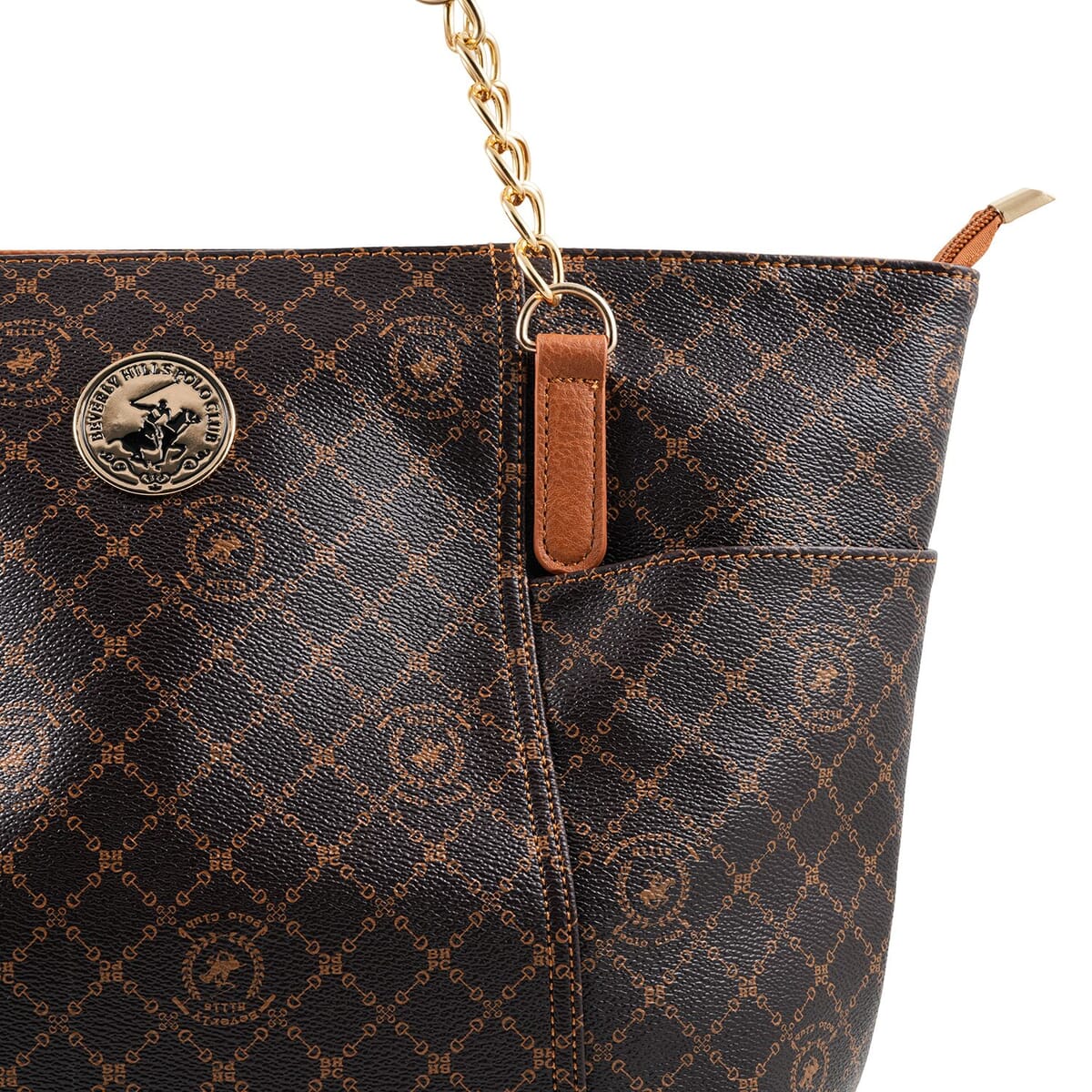 Beverly Hills Polo Club Brown Logo & Link Pattern Vegan Leather Shoulder Bag image number 4