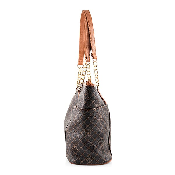 Beverly Hills Polo Club Brown Logo & Link Pattern Vegan Leather Shoulder Bag