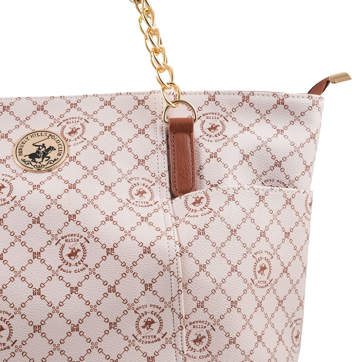 Beverly Hills Polo Club White Logo & Link Pattern Vegan Leather Shoulder Bag image number 3