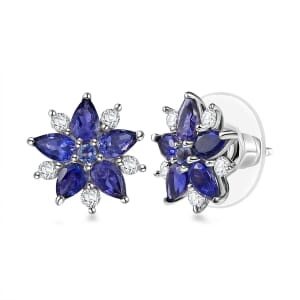 D'Joy Catalina Iolite and White Zircon 2.40 ctw Stellar Bloom Earrings in Rhodium Over Sterling Silver