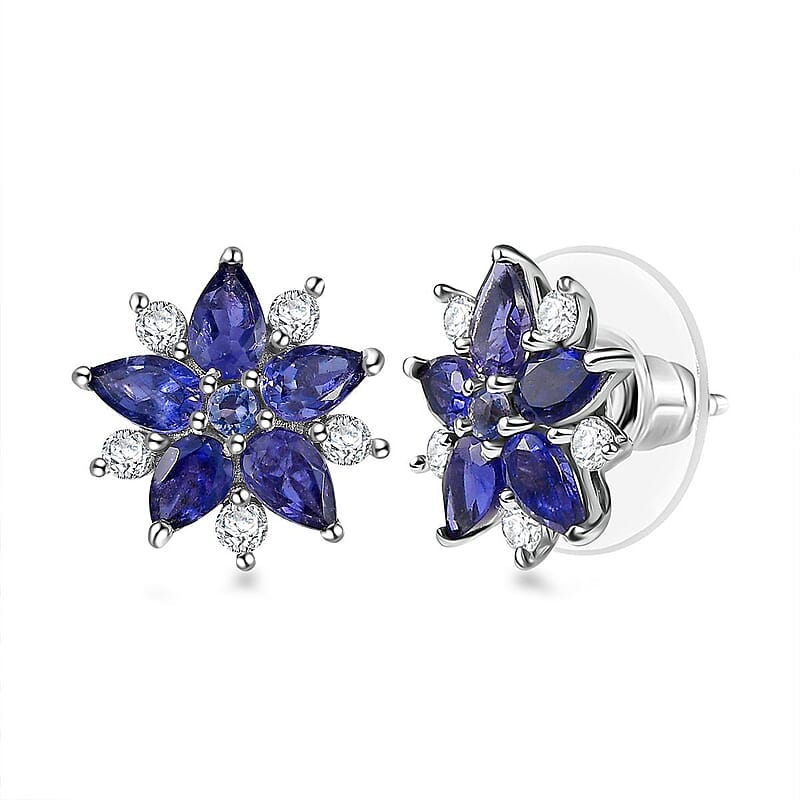 D'Joy Catalina Iolite and White Zircon 2.40 ctw Stellar Bloom Earrings in Rhodium Over Sterling Silver