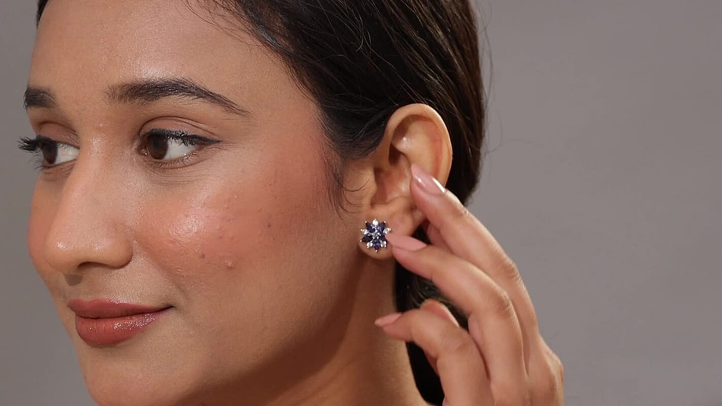 D'Joy Catalina Iolite and White Zircon 2.40 ctw Stellar Bloom Earrings in Rhodium Over Sterling Silver