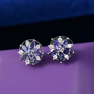 D'Joy Catalina Iolite and White Zircon 2.40 ctw Stellar Bloom Earrings in Rhodium Over Sterling Silver