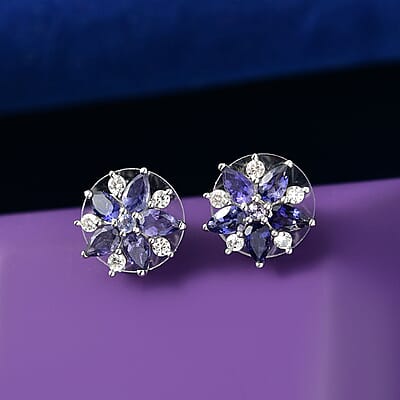 D'Joy Catalina Iolite and White Zircon 2.40 ctw Stellar Bloom Earrings in Rhodium Over Sterling Silver