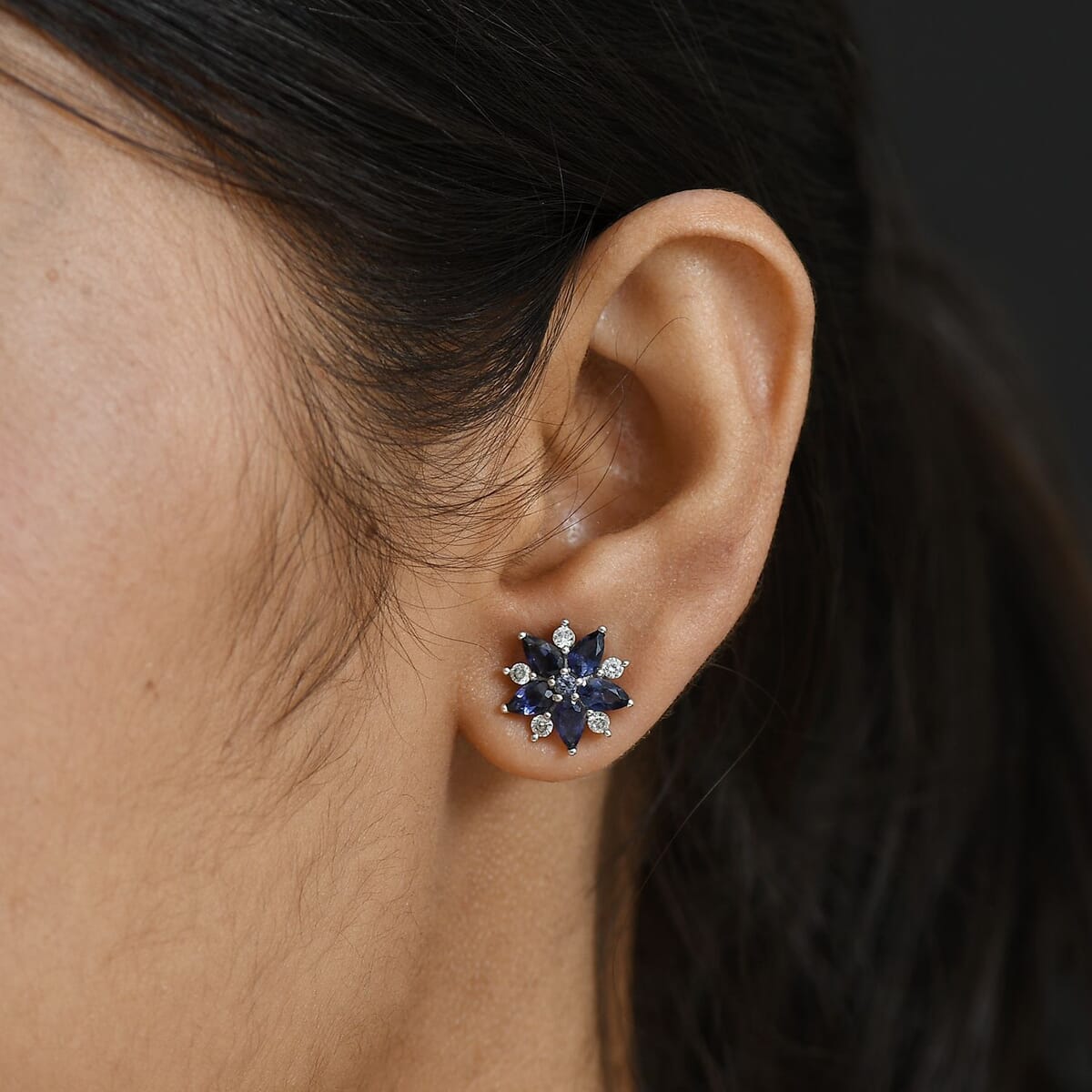 D'Joy Catalina Iolite and White Zircon 2.40 ctw Stellar Bloom Earrings in Rhodium Over Sterling Silver image number 2