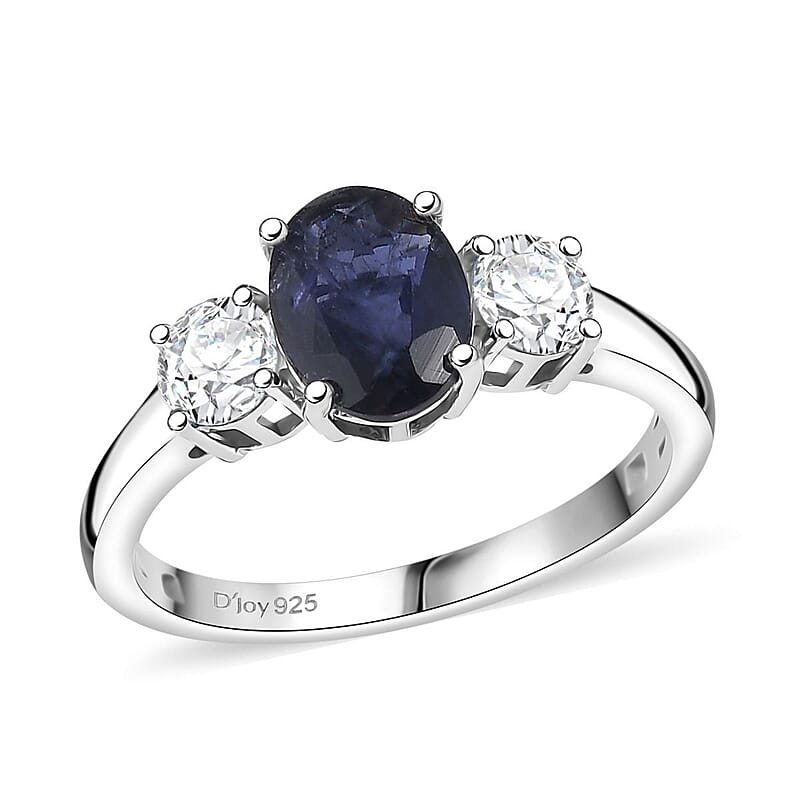D'Joy Catalina Iolite and Moissanite 1.50 ctw Trinity of Light Ring in Rhodium Over Sterling Silver (Size 10.0)