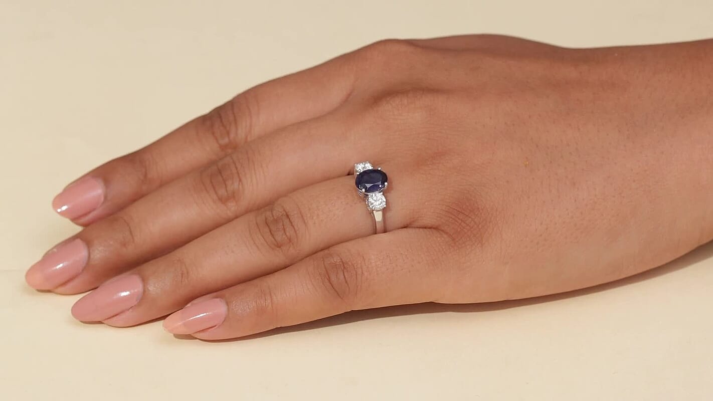 D'Joy Catalina Iolite, Moissanite Trinity of Light Ring in Rhodium Over Sterling Silver (Size 10.0) (Del. in 10-12 Days) 1.50 ctw