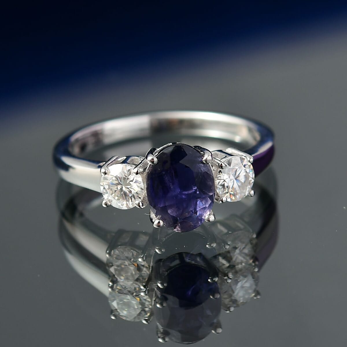 D'Joy Catalina Iolite, Moissanite Trinity of Light Ring in Rhodium Over Sterling Silver (Size 10.0) (Del. in 10-12 Days) 1.50 ctw image number 1