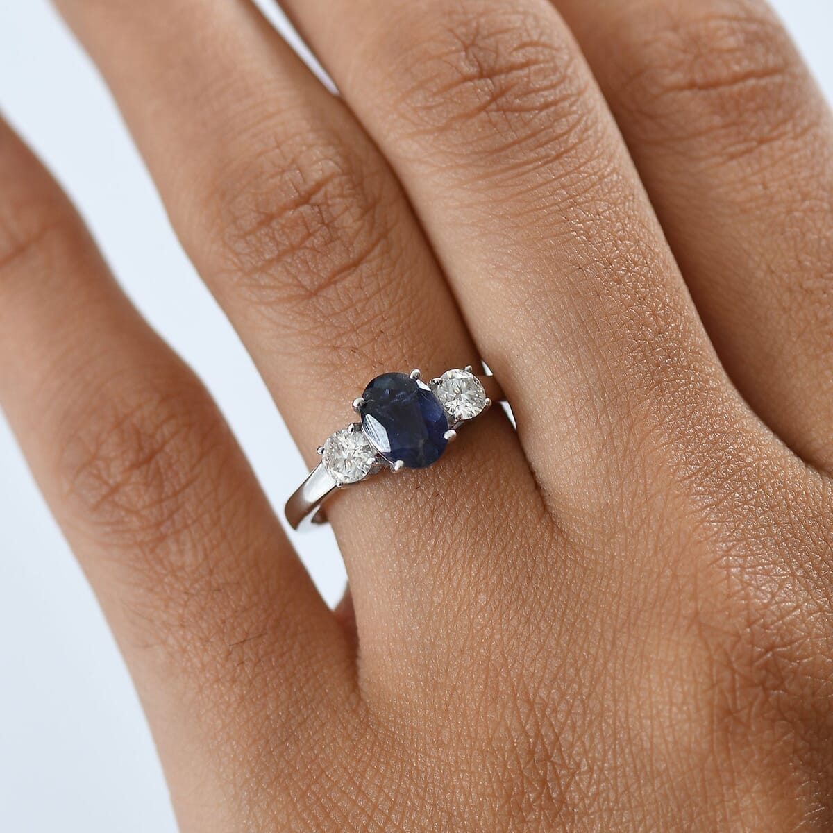 D'Joy Catalina Iolite, Moissanite Trinity of Light Ring in Rhodium Over Sterling Silver (Size 10.0) (Del. in 10-12 Days) 1.50 ctw image number 2
