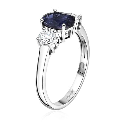 D'Joy Catalina Iolite and Moissanite 1.50 ctw Trinity of Light Ring in Rhodium Over Sterling Silver (Size 10.0)