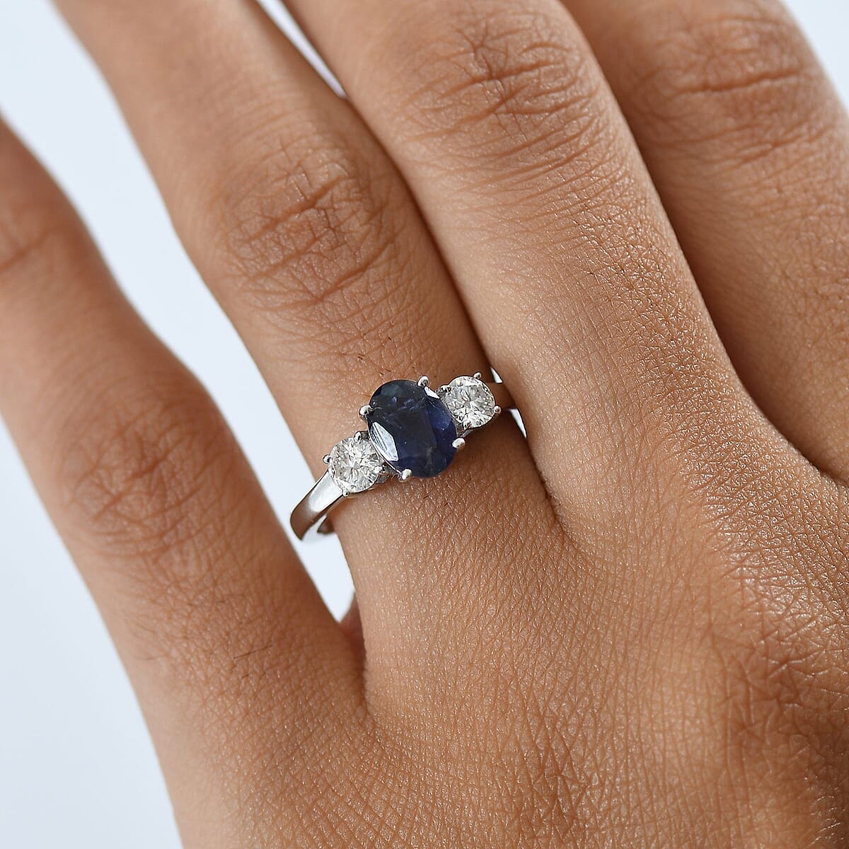 D'Joy Catalina Iolite and Moissanite 1.50 ctw Trinity of Light Ring in Rhodium Over Sterling Silver (Size 5.0) image number 2