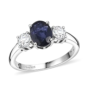 D'Joy Catalina Iolite and Moissanite 1.50 ctw Trinity of Light Ring in Rhodium Over Sterling Silver (Size 6.0)