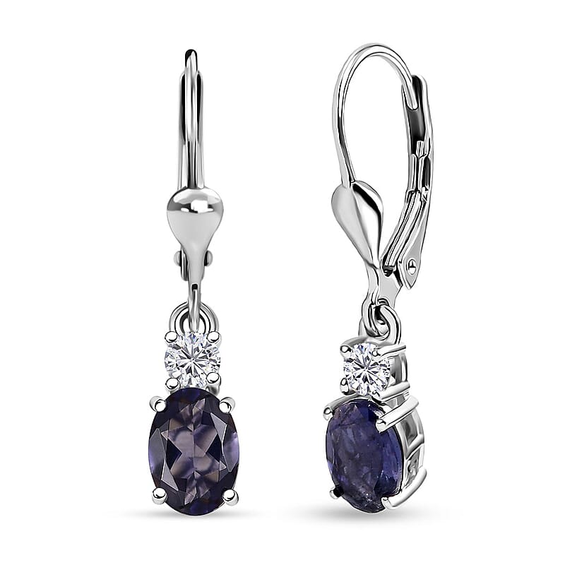 D'Joy Catalina Iolite and Moissanite 1.50 ctw Timeless Grace Earrings in Rhodium Over Sterling Silver